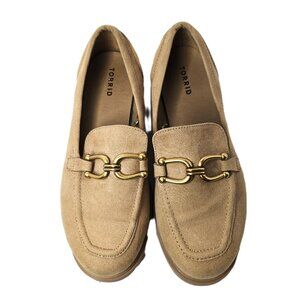 Torrid Tan Faux Suede Loafers Womens 11WW Extra Wide Gold Buckle Chunky Slip-on